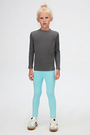 Koyu Gri Basic Kışlık Sıfır Yaka Uzun Kollu Kız Çocuk Tişört