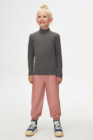 Koyu Gri Basic Kışlık Yarım Balıkçı Yaka Uzun Kollu Kız Çocuk Tişört