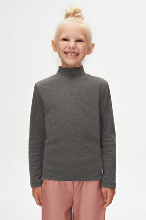 Koyu Gri Basic Kışlık Yarım Balıkçı Yaka Uzun Kollu Kız Çocuk Tişört