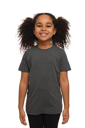 Koyu Gri Basic Unisex Çocuk Sıfır Yaka Kısa Kollu Tişört