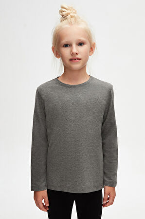 Koyu Gri Basic Unisex Çocuk Mevsimlik Sıfır Yaka Uzun Kollu Tişört