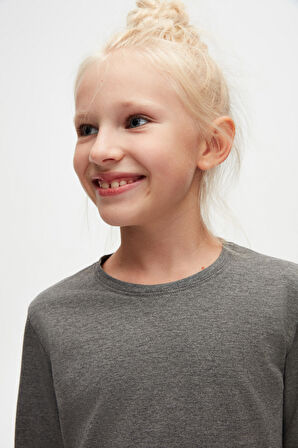 Koyu Gri Basic Unisex Çocuk Mevsimlik Sıfır Yaka Uzun Kollu Tişört