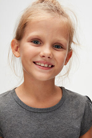 Koyu Gri Basic Kız Çocuk Sıfır Yaka Karpuz Kol Tişört