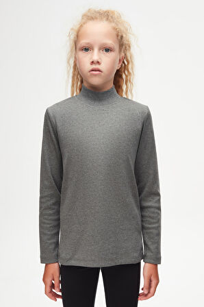 Buz Gri Basic Kışlık Yarım Balıkçı Yaka Uzun Kollu Kız Çocuk Tişört