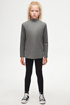 Buz Gri Basic Kışlık Yarım Balıkçı Yaka Uzun Kollu Kız Çocuk Tişört