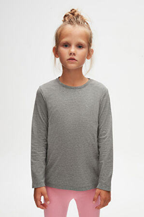 Buz Gri Basic Unisex Çocuk Mevsimlik Sıfır Yaka Uzun Kollu Tişört