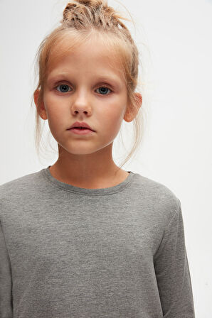 Buz Gri Basic Unisex Çocuk Mevsimlik Sıfır Yaka Uzun Kollu Tişört