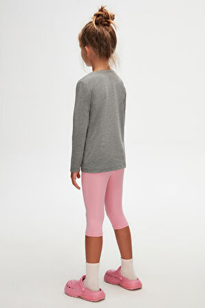 Buz Gri Basic Unisex Çocuk Mevsimlik Sıfır Yaka Uzun Kollu Tişört