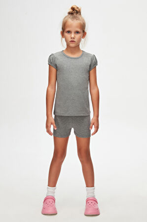 Buz Gri Basic Kız Çocuk Sıfır Yaka Karpuz Kol Tişört