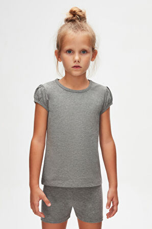 Buz Gri Basic Kız Çocuk Sıfır Yaka Karpuz Kol Tişört