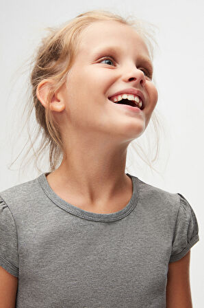 Buz Gri Basic Kız Çocuk Sıfır Yaka Karpuz Kol Tişört