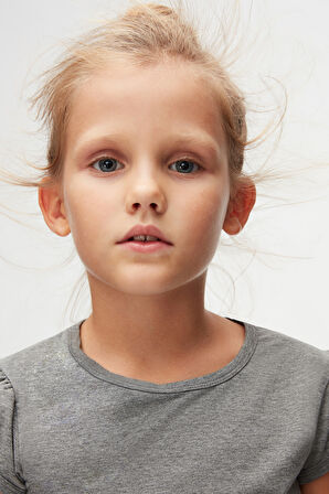 Buz Gri Basic Kız Çocuk Sıfır Yaka Karpuz Kol Tişört