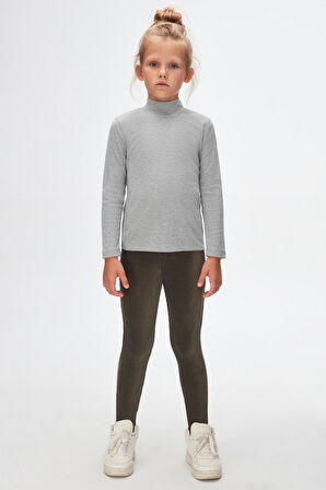 Gri Basic Kışlık Yarım Balıkçı Yaka Uzun Kollu Kız Çocuk Tişört