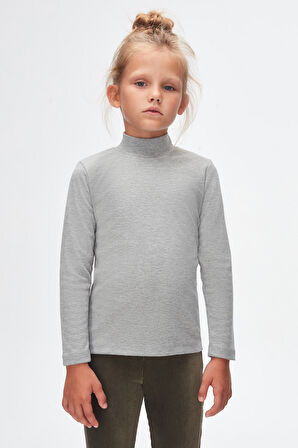 Gri Basic Kışlık Yarım Balıkçı Yaka Uzun Kollu Kız Çocuk Tişört