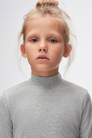 Gri Basic Kışlık Yarım Balıkçı Yaka Uzun Kollu Kız Çocuk Tişört