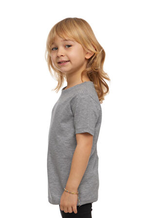 Gri Basic Unisex Çocuk Sıfır Yaka Kısa Kollu Tişört