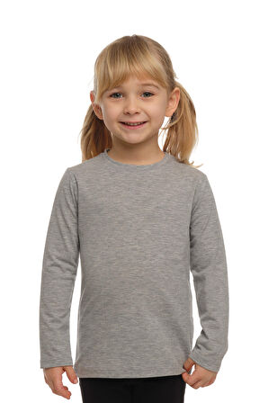 Gri Basic Unisex Çocuk Mevsimlik Sıfır Yaka Uzun Kollu Tişört