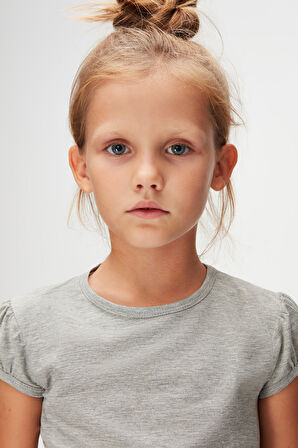 Gri Basic Kız Çocuk Sıfır Yaka Karpuz Kol Tişört