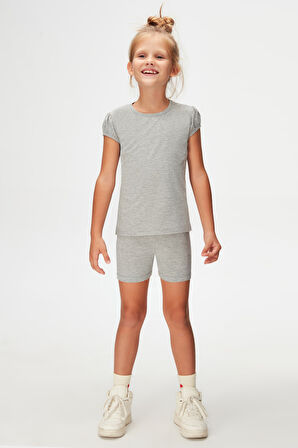 Gri Basic Kız Çocuk Sıfır Yaka Karpuz Kol Tişört