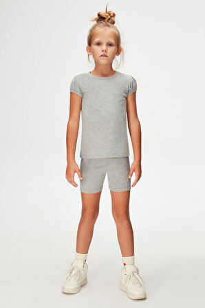 Gri Basic Kız Çocuk Sıfır Yaka Karpuz Kol Tişört