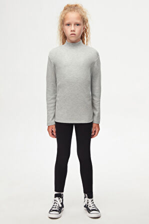 Açık Gri Basic Kışlık Yarım Balıkçı Yaka Uzun Kollu Kız Çocuk Tişört