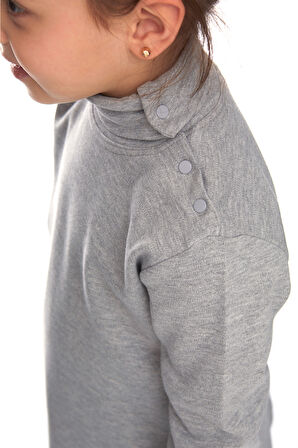 Açık Gri Basic Kız Çocuk Çıtçıtlı Tam Balıkçı Yaka Şardonlu Kışlık Uzun Kollu Tişört