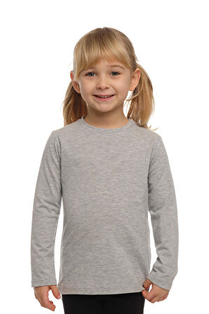 Açık Gri Basic Unisex Çocuk Mevsimlik Sıfır Yaka Uzun Kollu Tişört