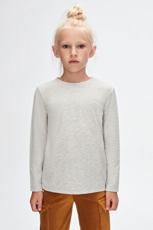 Ay Grisi Basic Unisex Çocuk Mevsimlik Sıfır Yaka Uzun Kollu Tişört