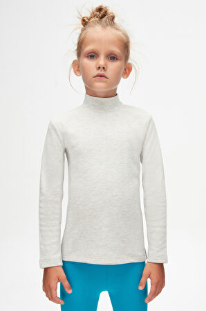 Açık Gri Melanj Basic Kışlık Yarım Balıkçı Yaka Uzun Kollu Kız Çocuk Tişört