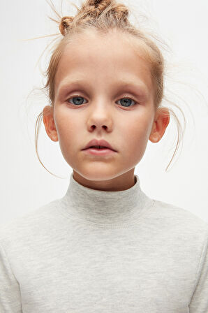 Açık Gri Melanj Basic Kışlık Yarım Balıkçı Yaka Uzun Kollu Kız Çocuk Tişört