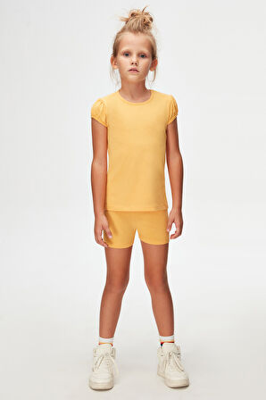 Kavun Sarı Basic Kız Çocuk Sıfır Yaka Karpuz Kol Tişört