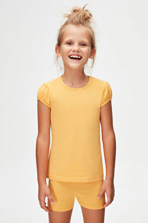 Kavun Sarı Basic Kız Çocuk Sıfır Yaka Karpuz Kol Tişört