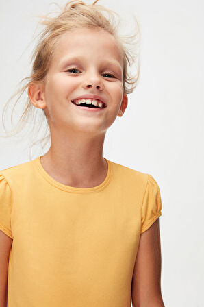 Kavun Sarı Basic Kız Çocuk Sıfır Yaka Karpuz Kol Tişört