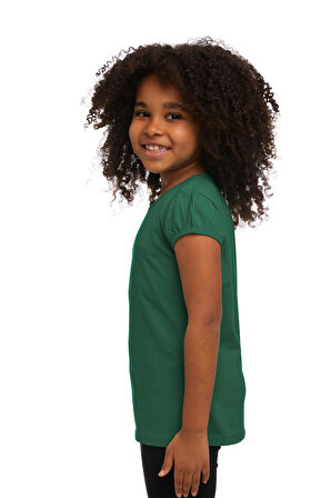 Deniz Yeşili Basic Kız Çocuk Sıfır Yaka Karpuz Kol Tişört