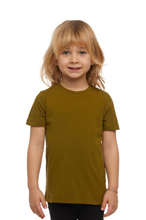 Zeytin Yeşili Basic Unisex Çocuk Sıfır Yaka Kısa Kollu Tişört