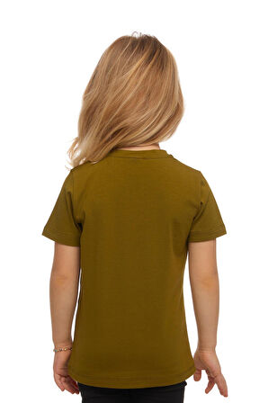 Zeytin Yeşili Basic Unisex Çocuk Sıfır Yaka Kısa Kollu Tişört
