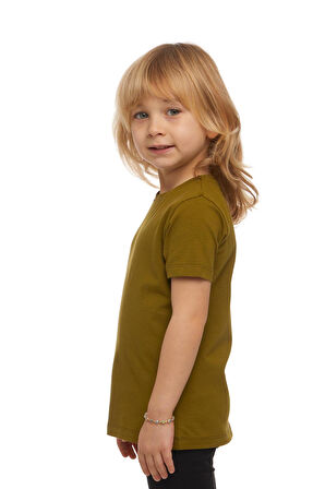 Zeytin Yeşili Basic Unisex Çocuk Sıfır Yaka Kısa Kollu Tişört