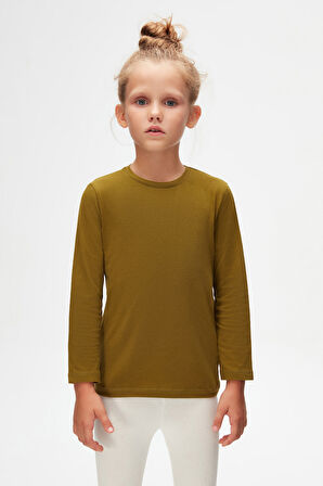 Zeytin Yeşili Basic Unisex Çocuk Mevsimlik Sıfır Yaka Uzun Kollu Tişört