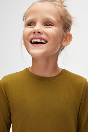 Zeytin Yeşili Basic Unisex Çocuk Mevsimlik Sıfır Yaka Uzun Kollu Tişört