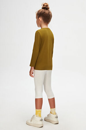 Zeytin Yeşili Basic Unisex Çocuk Mevsimlik Sıfır Yaka Uzun Kollu Tişört