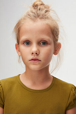 Zeytin Yeşili Basic Kız Çocuk Sıfır Yaka Karpuz Kol Tişört