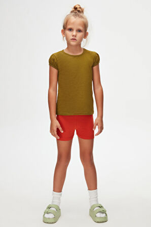 Zeytin Yeşili Basic Kız Çocuk Sıfır Yaka Karpuz Kol Tişört