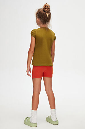 Zeytin Yeşili Basic Kız Çocuk Sıfır Yaka Karpuz Kol Tişört