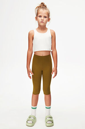 Zeytin Yeşili Basic Kız Çocuk Diz Altı Tayt Kapri