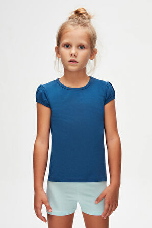 İndigo Basic Kız Çocuk Sıfır Yaka Karpuz Kol Tişört