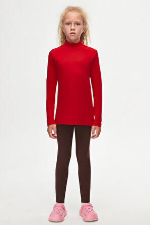 Kırmızı Basic Kışlık Yarım Balıkçı Yaka Uzun Kollu Kız Çocuk Tişört