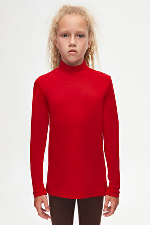 Kırmızı Basic Kışlık Yarım Balıkçı Yaka Uzun Kollu Kız Çocuk Tişört