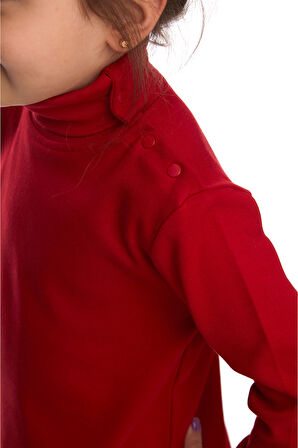 Kırmızı Basic Kız Çocuk Çıtçıtlı Tam Balıkçı Yaka Şardonlu Kışlık Uzun Kollu Tişört