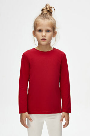 Kırmızı Basic Unisex Çocuk Mevsimlik Sıfır Yaka Uzun Kollu Tişört