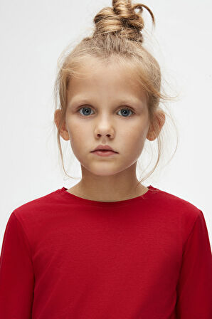 Kırmızı Basic Unisex Çocuk Mevsimlik Sıfır Yaka Uzun Kollu Tişört